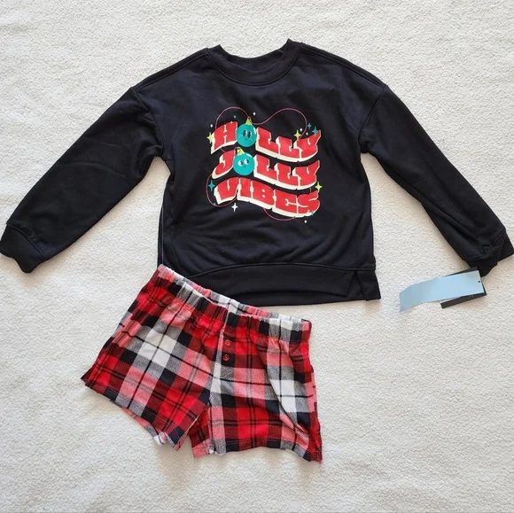 NWT Girls Christmas 2pc Holly Vibes Long Sleeve Sweatshirt Boxer Pajama Set, S 8 - Picture 1 of 8